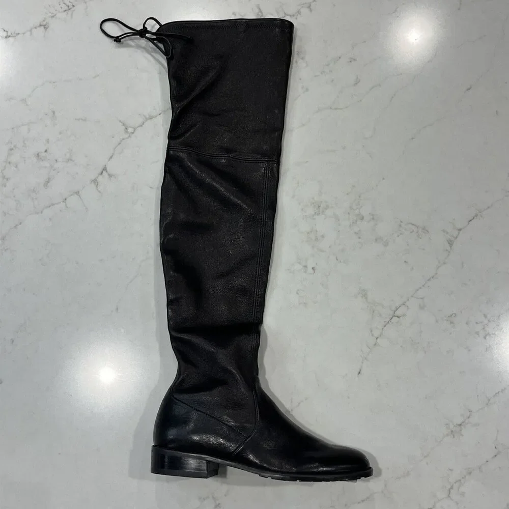 Stuart Weitzman Over Knee‎ Boots Black Leather Womens Sz 4 Low Stacked Heel